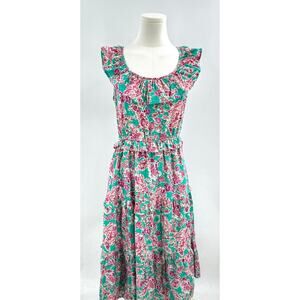 J Crew Teal Pink Floral Ruffle Midi Dress Eyelet Cotton Sleeveless Tie Back 8 M